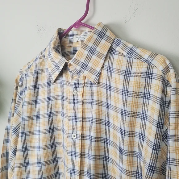 Faconnable Plaid Buttondown Long Sleeve Shirt Yellow Blue Size XL - Picture 3 of 10